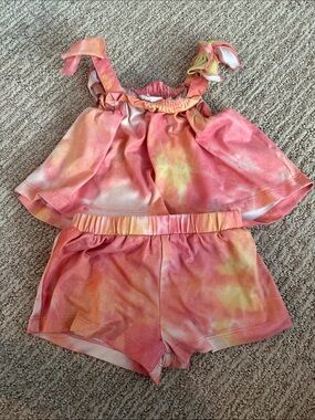 Girls Pink Tie-Dye Ruffle Tank & Elastic Waist Shorts Set 18 Months
